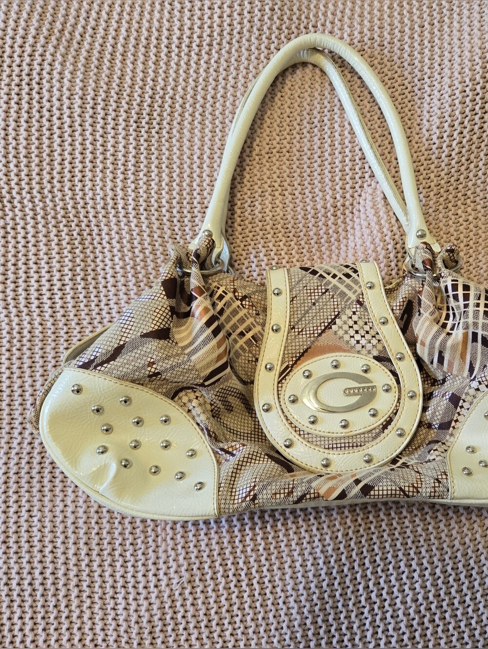Studded Cream Patterned Shoulder Bag Y2k Style